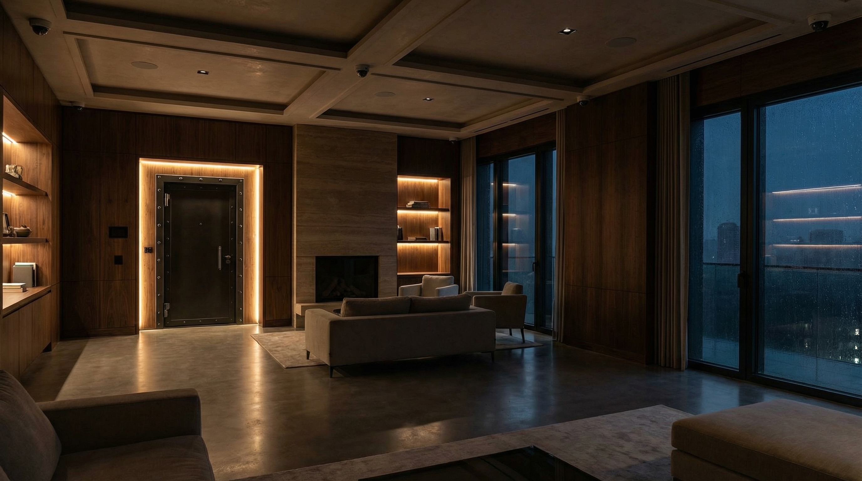 Luxury fortified residence interior with reinforced vault door and ambient lighting