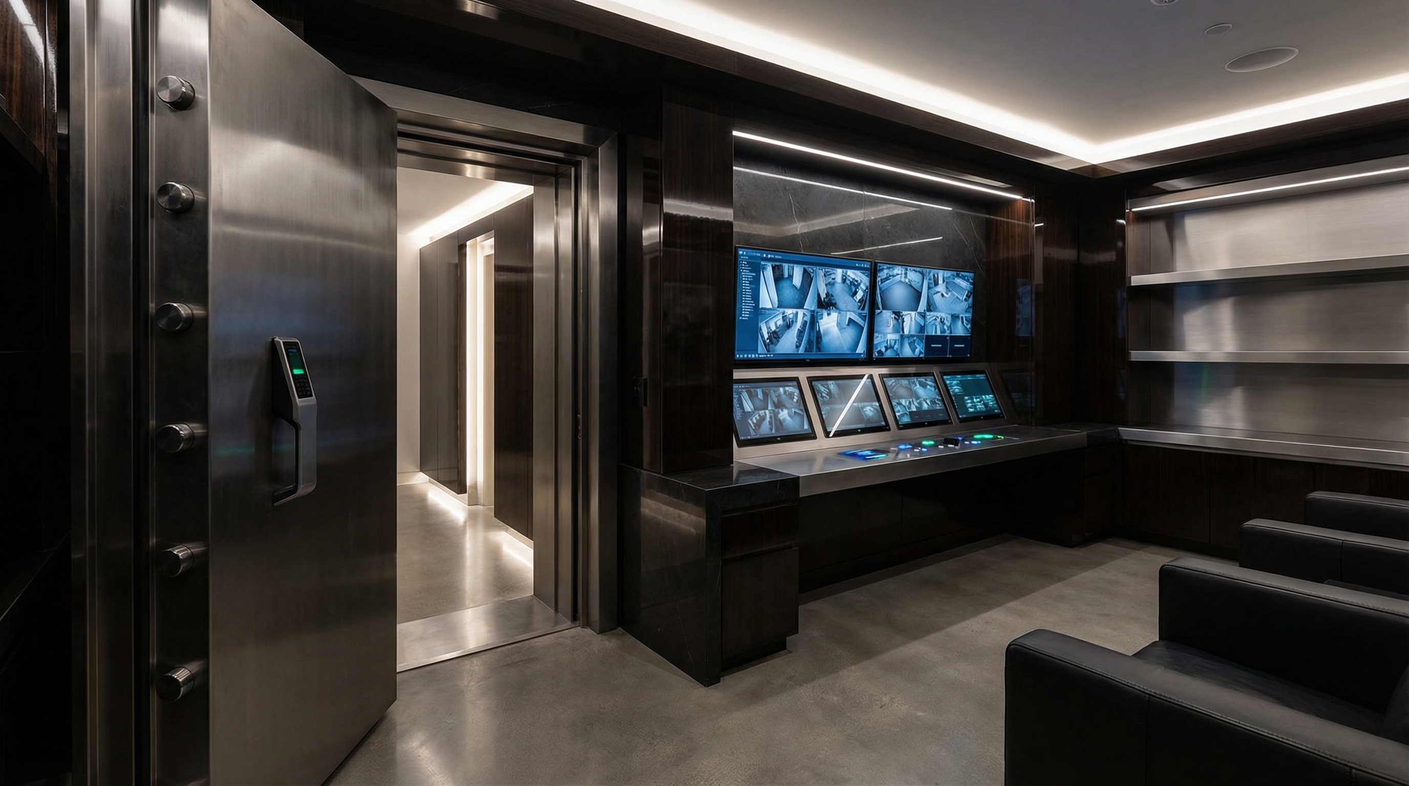 Modern panic room with steel door, security monitors, and biometric access